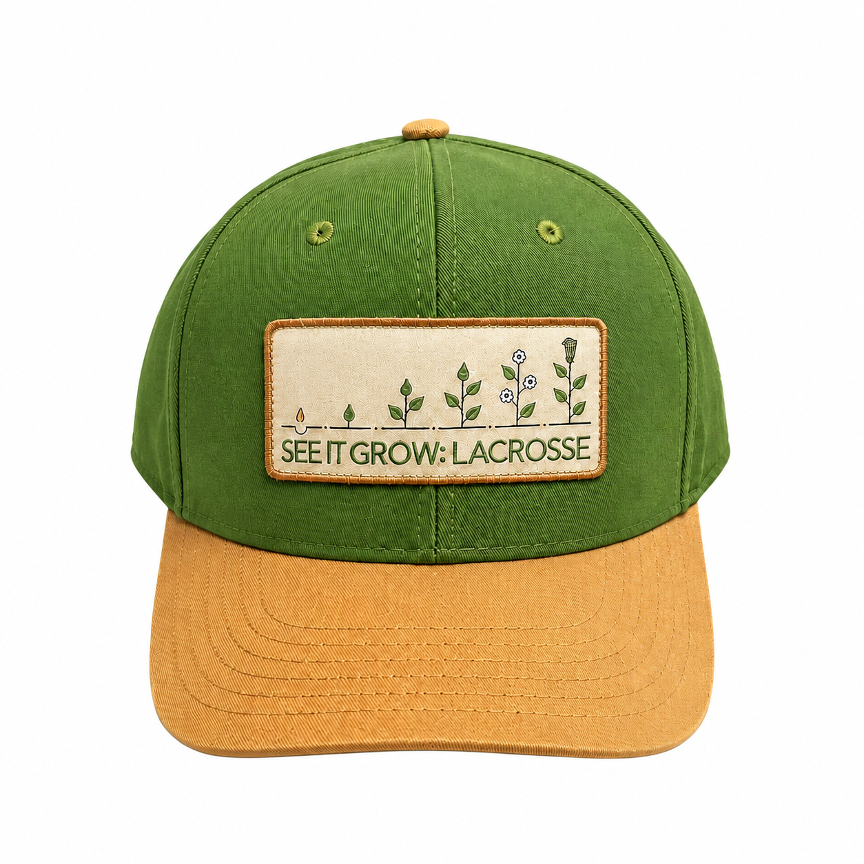 Front view of the GTG Grow the Grass cap: green crown with a gold brim and a cream embroidered See It Grow: Lacrosse patch showing a growing seedling sequence