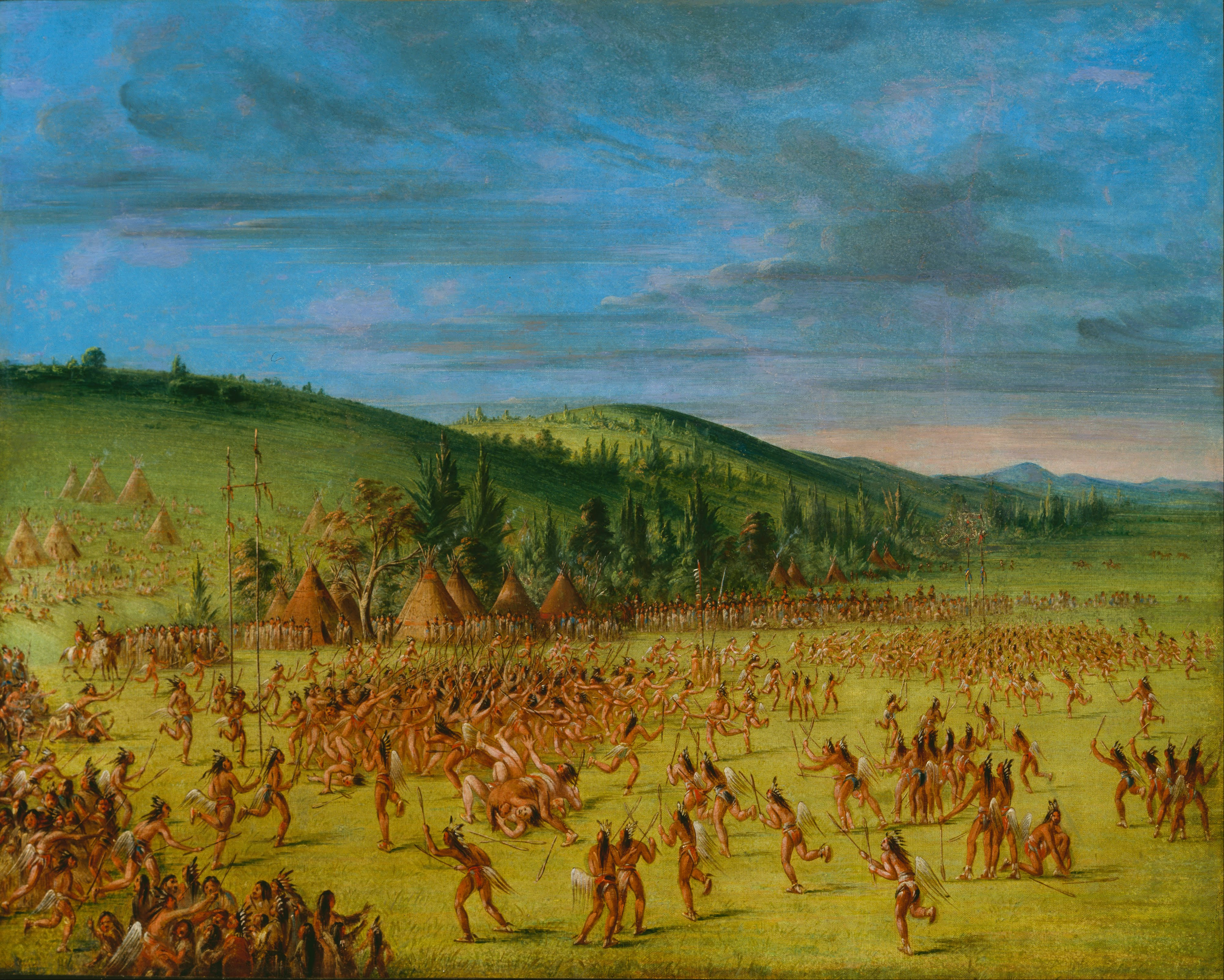 Ball-play of the Choctaw — Ball Up, an 1846–1850 painting by George Catlin depicting an Indigenous stickball match, a traditional ancestor of lacrosse